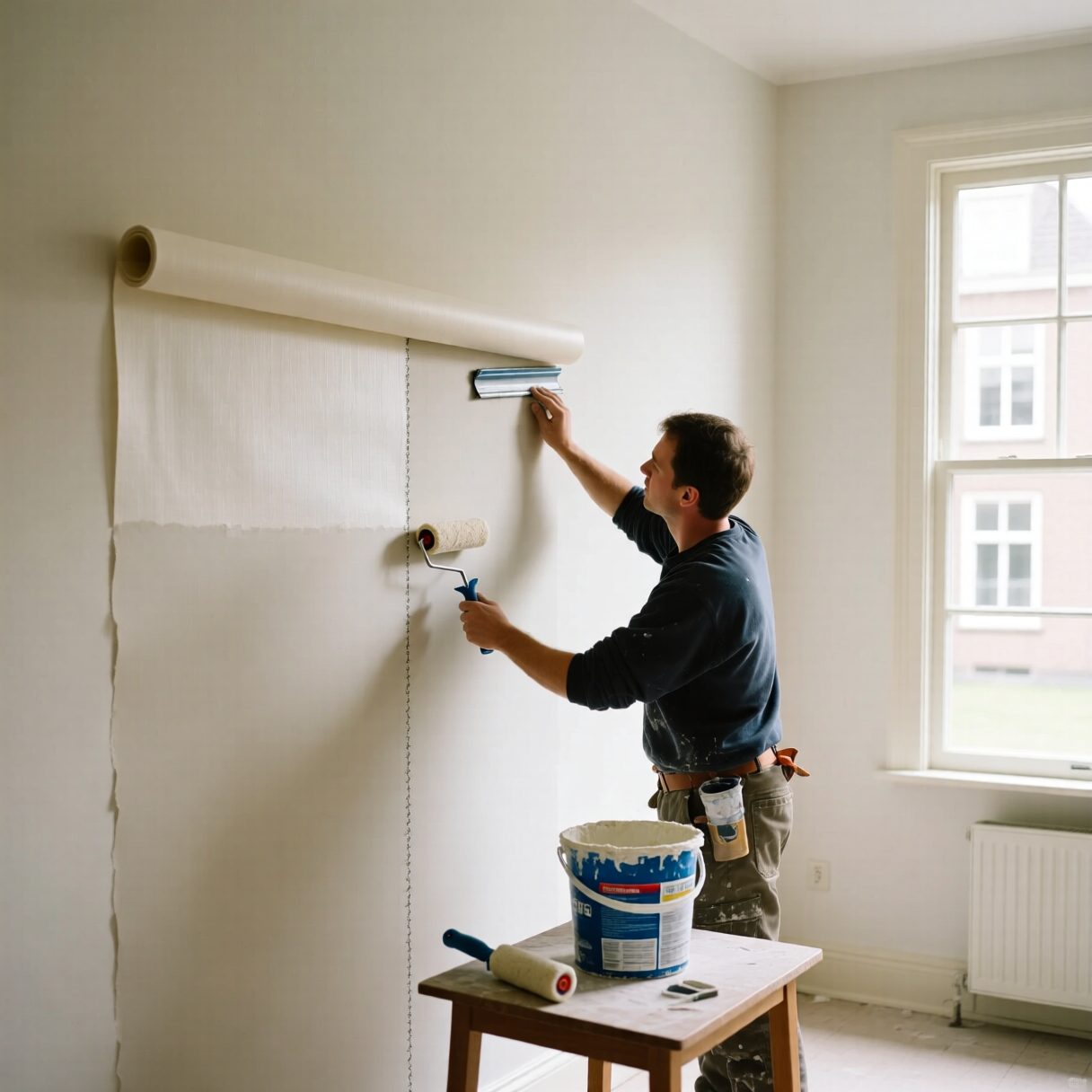 Vliesbehang wordt glad op de muur aangebracht
