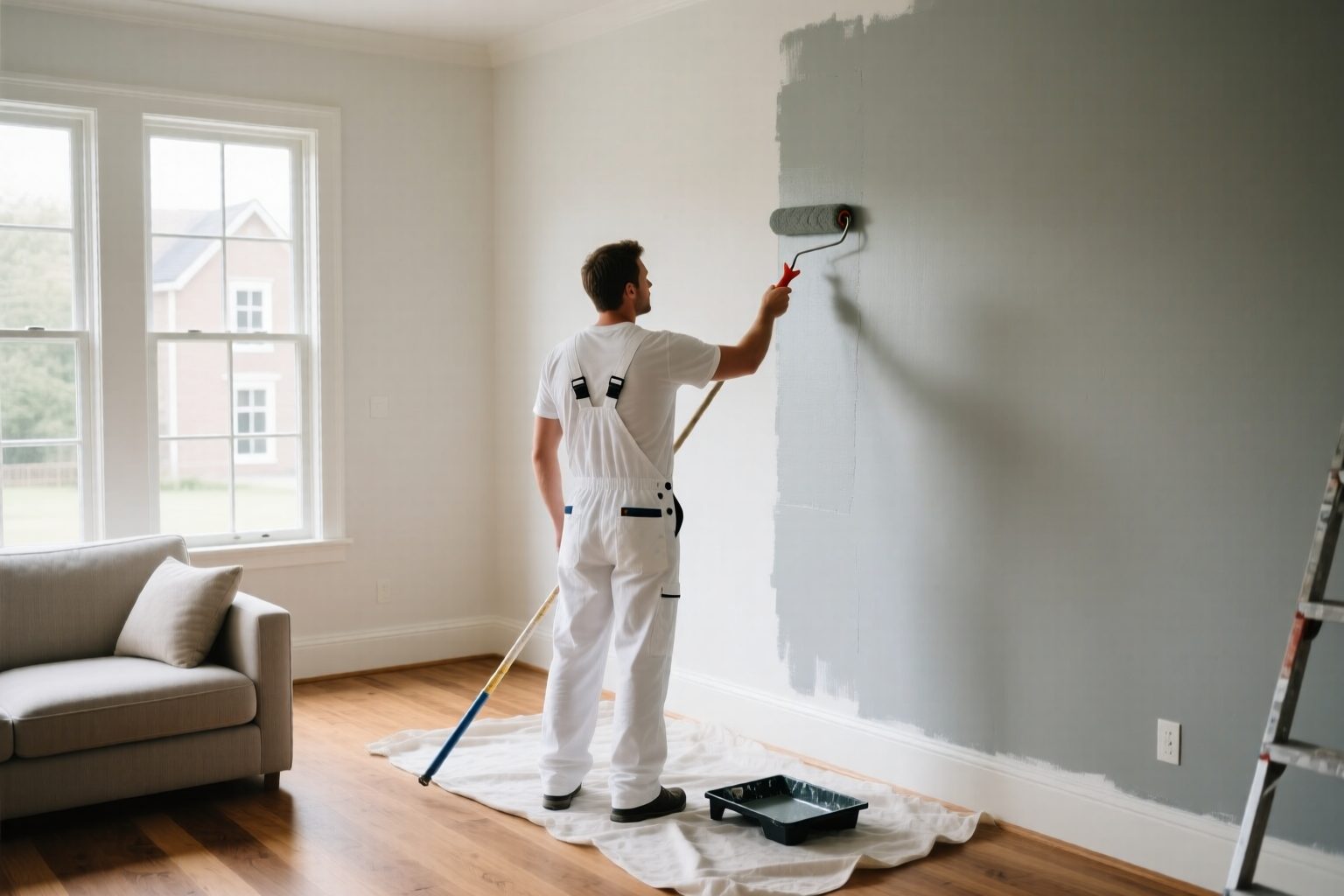 Schilder rolt een woonkamerwand in een lichte kleur