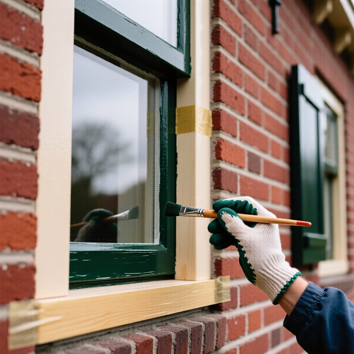 Buitenkozijnen van een Haags huis worden geschilderd